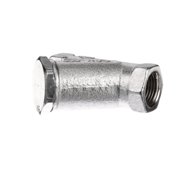 A chrome plated Cleveland Y-Strainer with a silver nut on a white background.