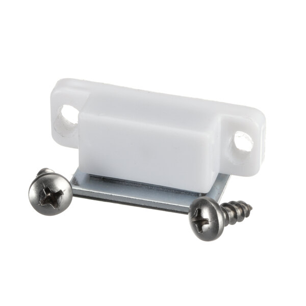 A white plastic Lockwood magnet with two screws.
