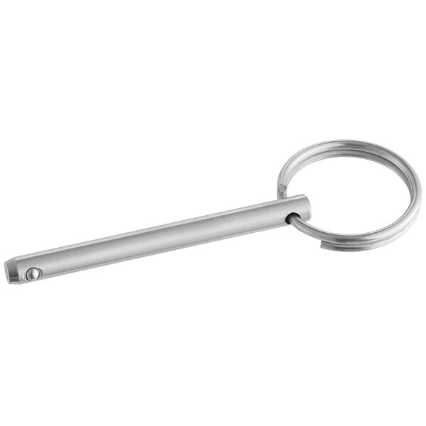 An Edlund silver metal key ring with a pull pin.