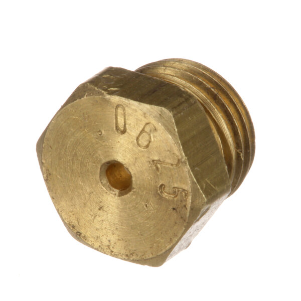 A close-up of a brass Pitco orifice nut with a hole in the middle.