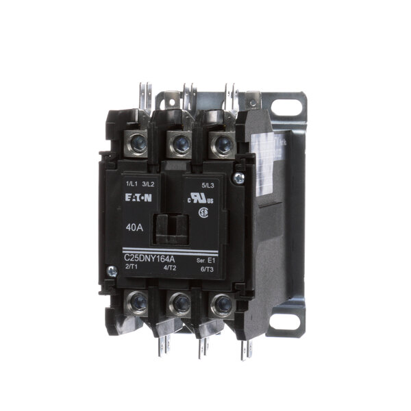 A close-up of a Hobart 00-918322 contactor, a black electrical device with metal wires.