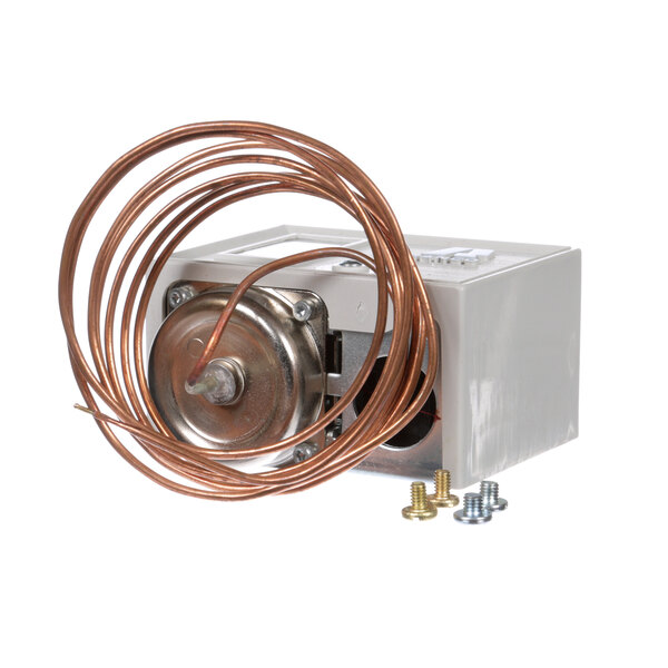 A Delfield control thermostat with a copper wire and screw.