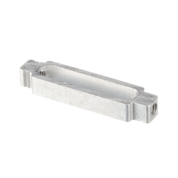 A silver metal rectangular turnbuckle with a hole in it.