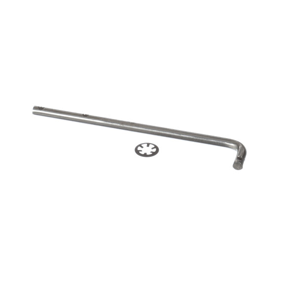 A stainless steel rod with a round metal object on one end and a screw on the other.