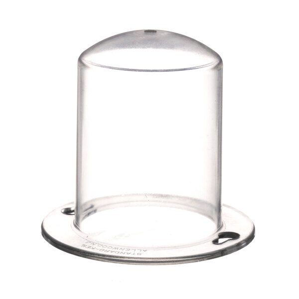 A clear plastic bulb guard with a round base and a curved neck.