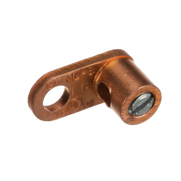 A close-up of a Grindmaster-Cecilware copper lug with a small hole in it.