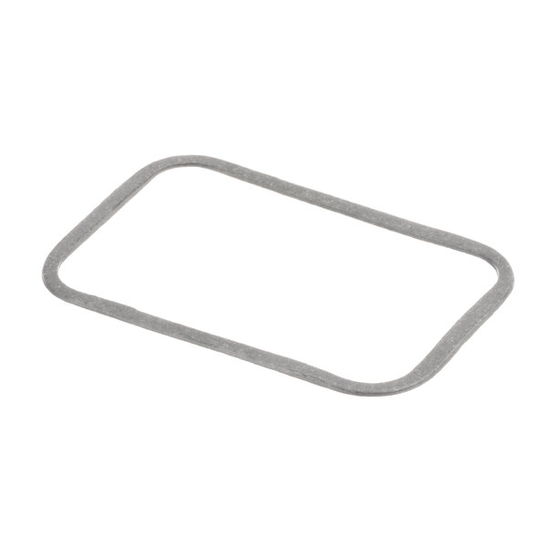 A grey rectangular metal gasket with a small hole in it.