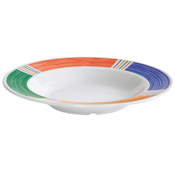 A white melamine bowl with colorful stripes on it.