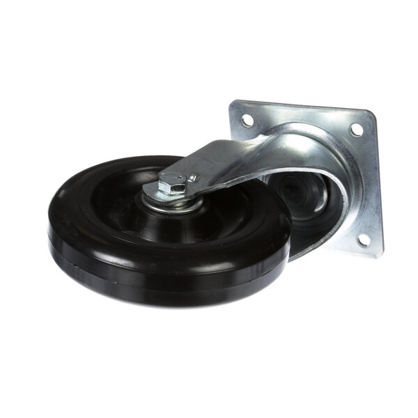 A metal caster with a black rubber wheel.