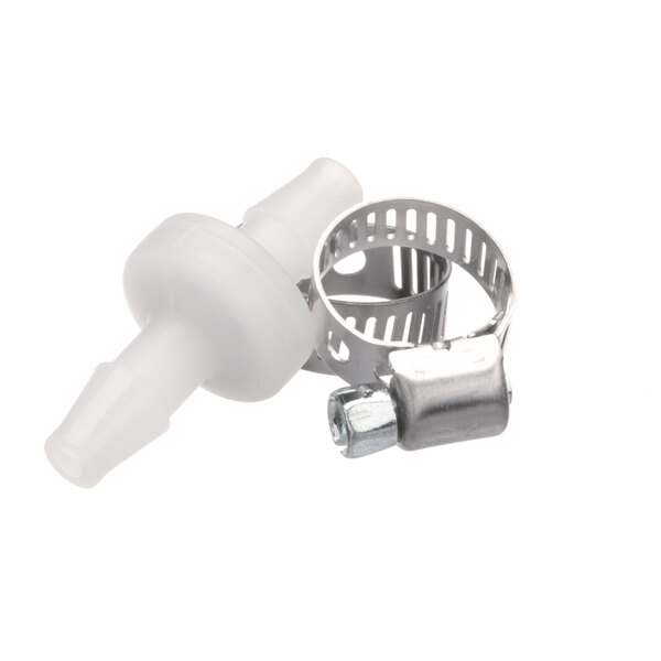 A close-up of a Cleveland Check Valve Installation kit hose connector, a white plastic object with a metal clamp.