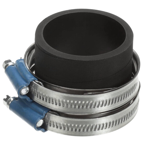A black and blue metal steam hose with a black and silver metal ring.