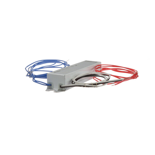 A grey Master-Bilt ballast box with red and blue wires.