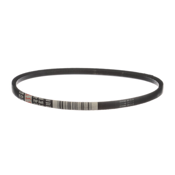A black belt with a white stripe and a black barcode.