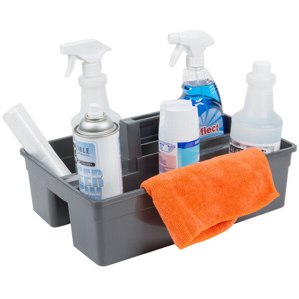 Restaurantware RW Clean Black Plastic Cleaning Caddy - 3 Compartments, with Handle - 16 inch x 10 1/2 inch x 7 inch - 1 Count Box