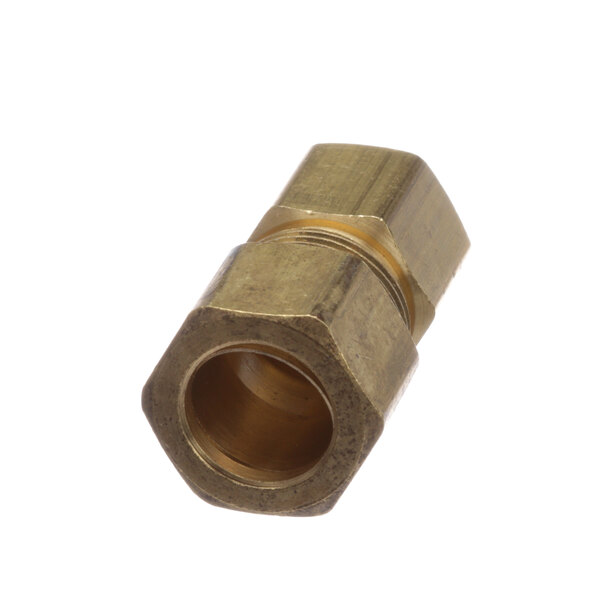 A close-up of a brass nut threaded pipe fitting.