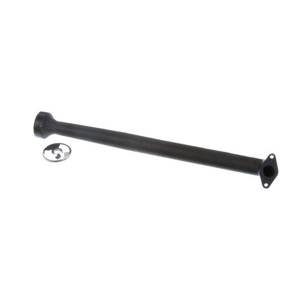 A black metal pipe with a hole and screw threads on one end.