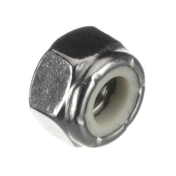 A close-up of a silver metal hexagon nut.