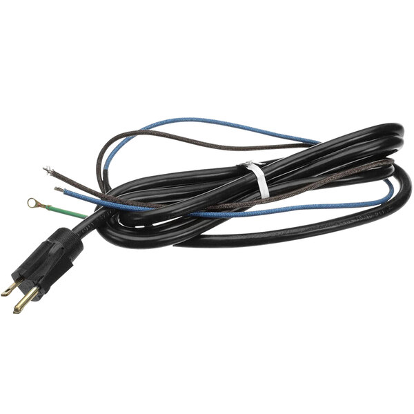 A black power cord with a black and blue electrical wires.
