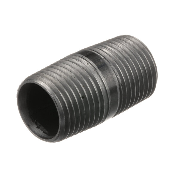A close-up of a black threaded pipe with a black end.