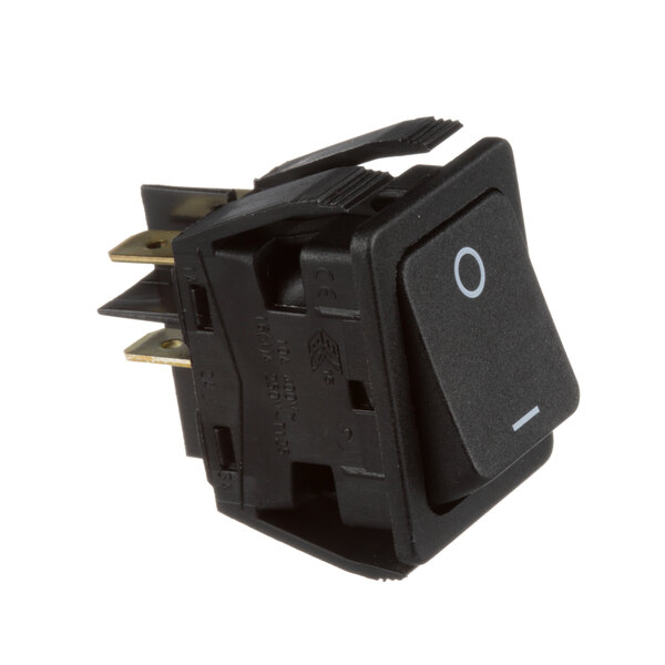 A black APW Wyott rocker switch with white and black buttons.