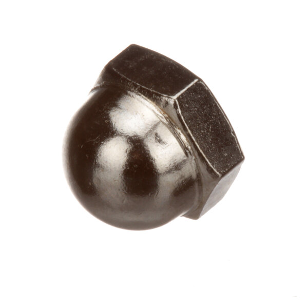 A close-up of a stainless steel acorn nut.