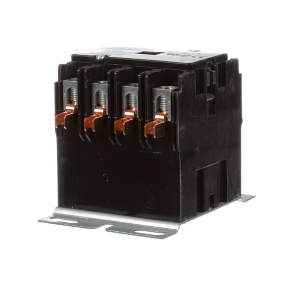 A black Grindmaster-Cecilware contactor with copper wires.