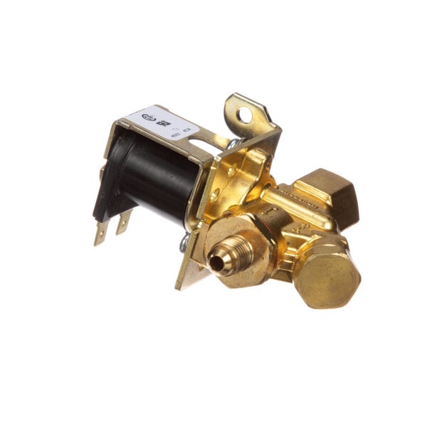 A close-up of a brass and black Grindmaster-Cecilware solenoid valve with a gold handle.