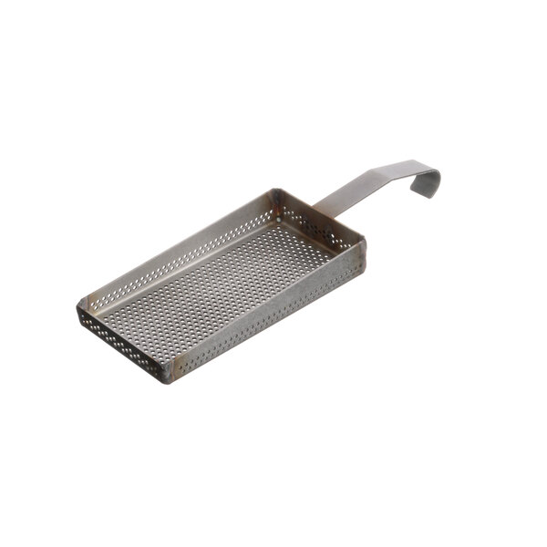 A metal strainer with a handle and holes on a white background.