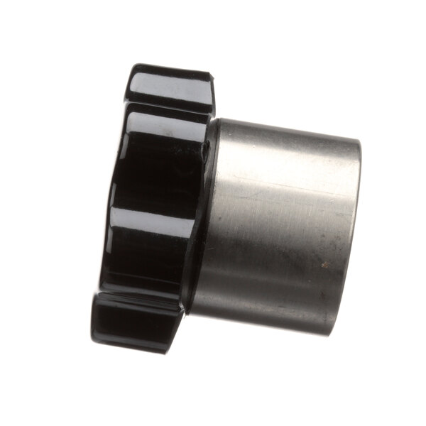 A black and silver metal knob with a threaded cylinder.