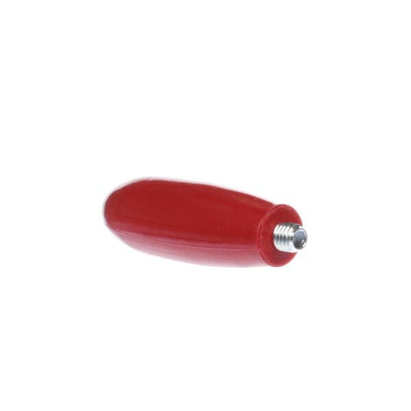 A close-up of a red plastic screwdriver with a silver screw.