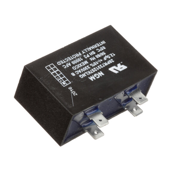 A black Frymaster capacitor with white text.