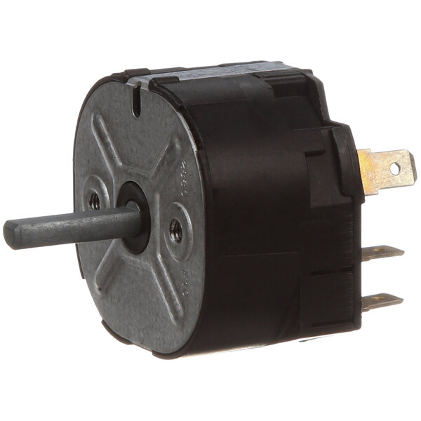 A small black and silver electric motor with a small metal gear.