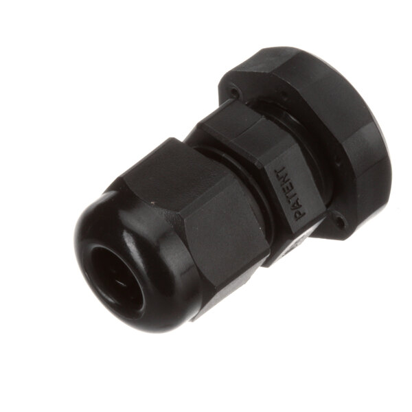 A black plastic threaded Cleveland liquid tight fitting with a nut.