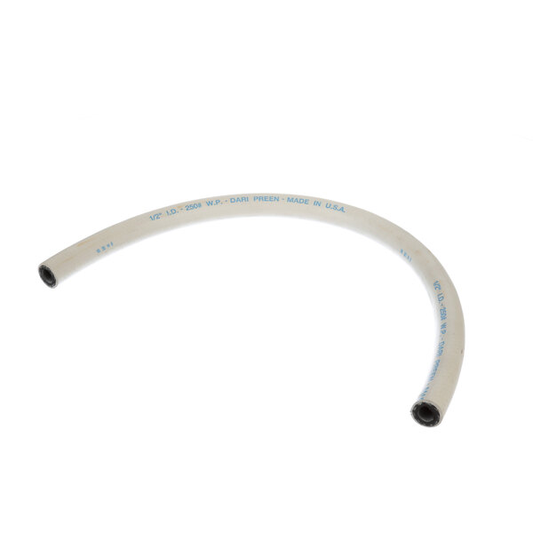 A white flexible hose with blue text.