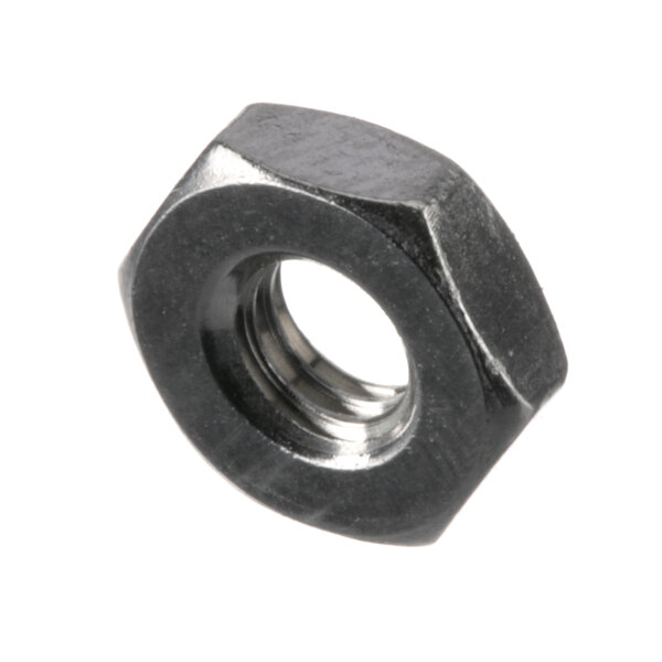 A close-up of a Groen hexagon nut with a black finish.