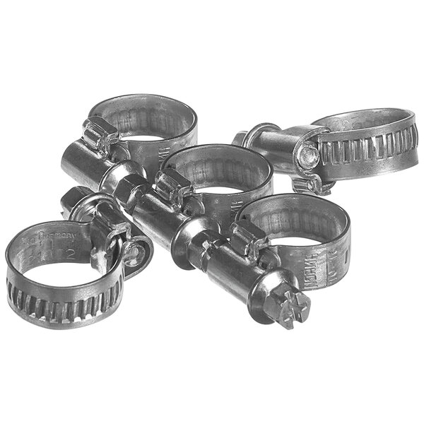 A pack of 5 stainless steel Rational hose clamps.