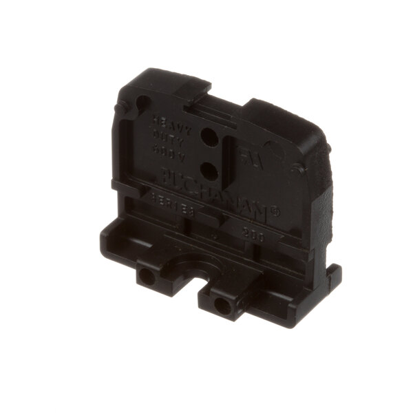 A black plastic Lincoln terminal block end with two holes.