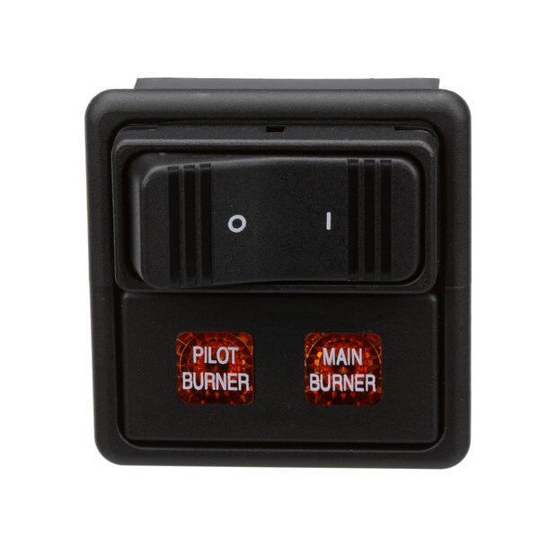 A black Vulcan Rocker Switch with two buttons and the words 'Pilot Burner' and 'Man Burner' on it.