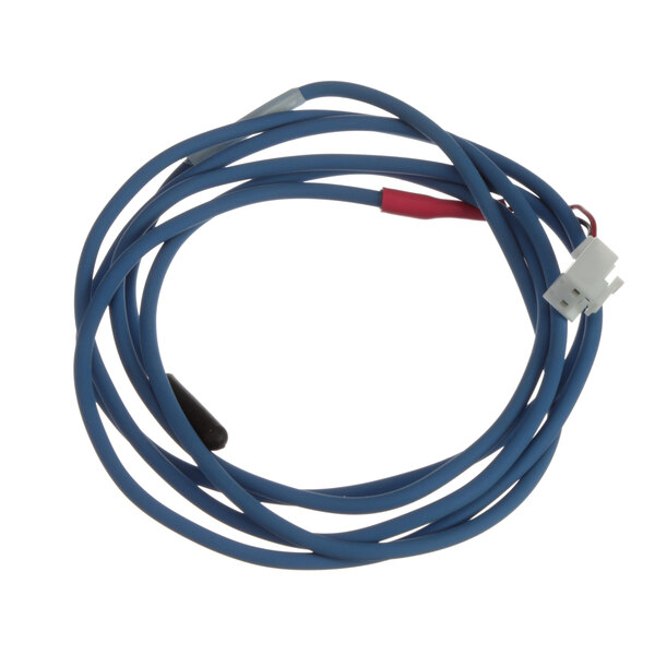 A close-up of a blue wire with red and white connectors.
