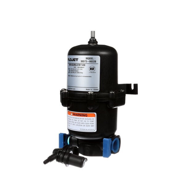 A black plastic FBD exp tank with a white label and blue and black hoses.