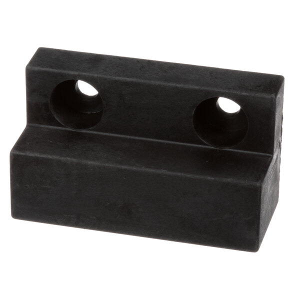 A black plastic block with two holes, a black block with holes.