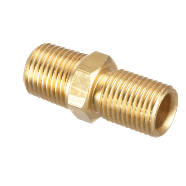 A close-up of a brass threaded male fitting with a nut.