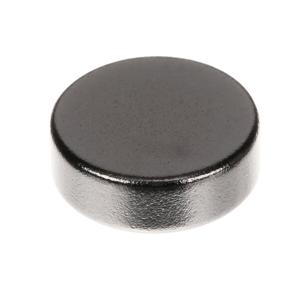 A black round magnet disc with a metal cap on a white background.