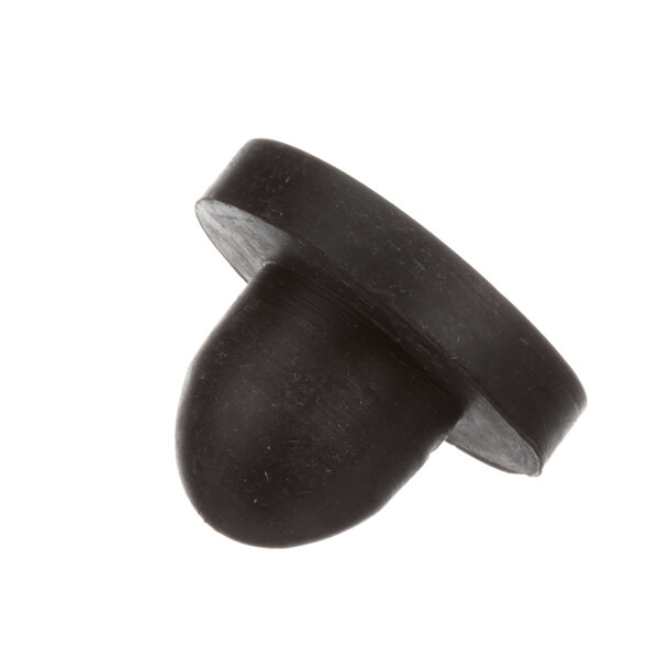 A close-up of a black rubber Blakeslee plug with a round cap.