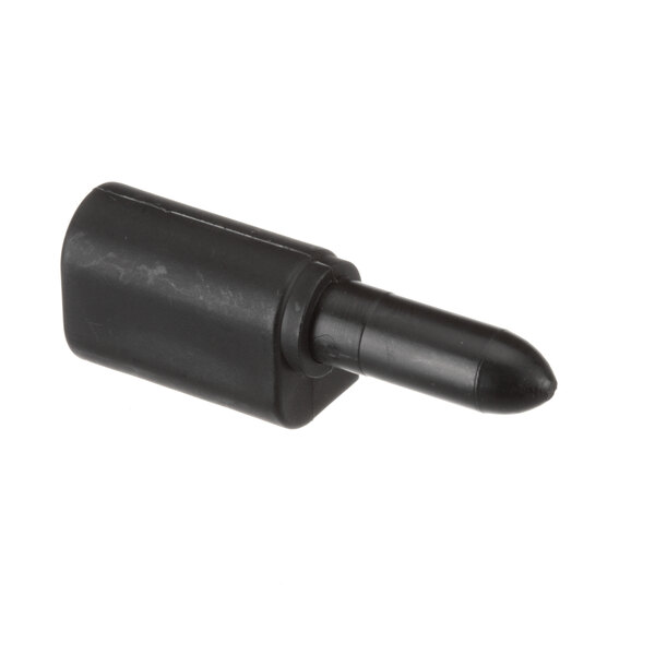 A black plastic screw with a metal tip on a white background.