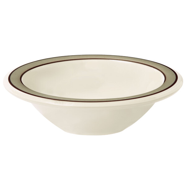 A white melamine bowl with a brown rim.