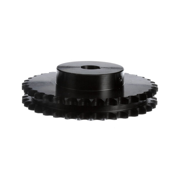 A black metal Avtec sprocket gear with a hole.