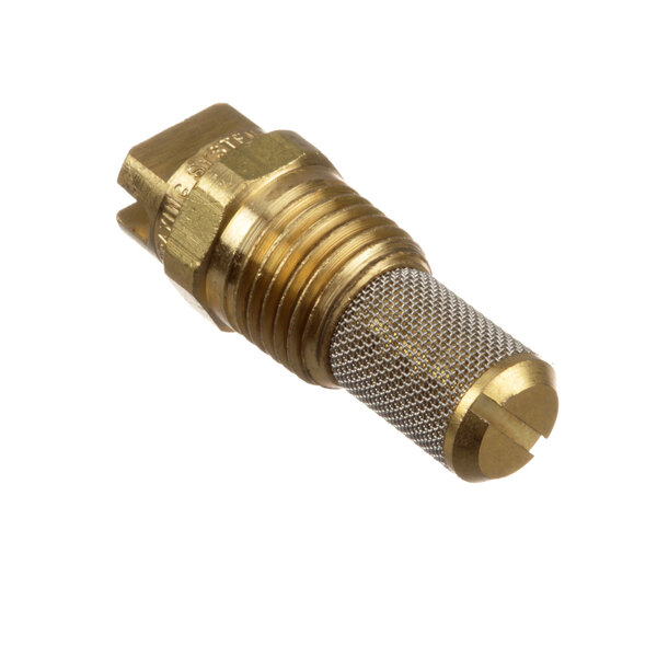 A close-up of a brass and metal mesh Baxter spray nozzle.