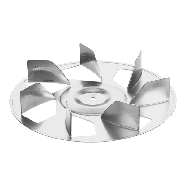 A close-up of a silver metal Moffat fan blade with circular blades.