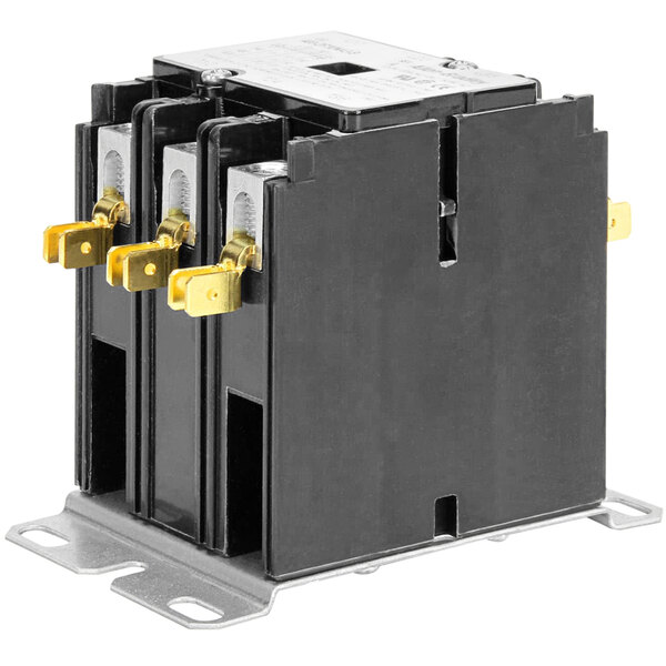A black rectangular Groen main power contactor with gold metal parts.